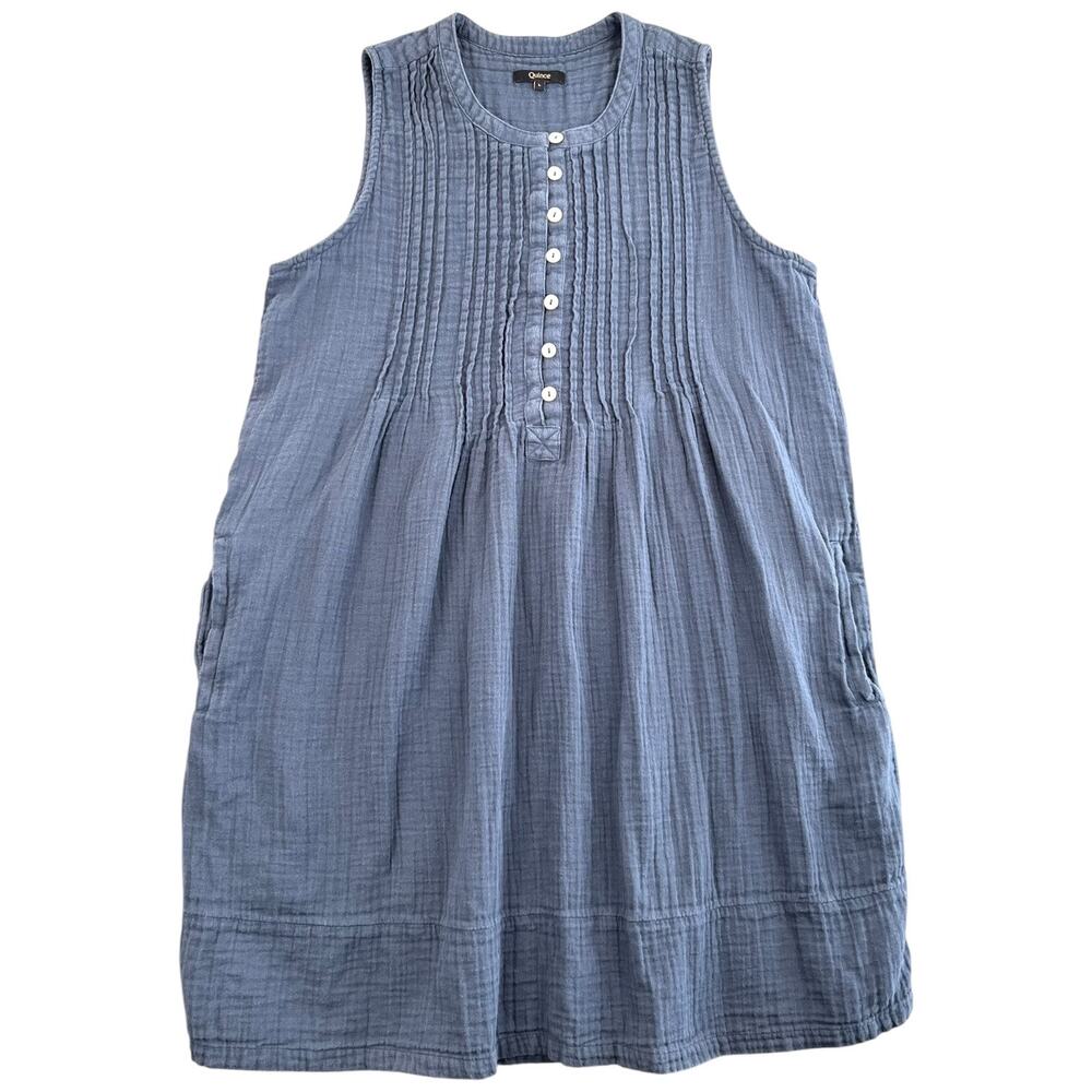Quince 100% Organic Cotton Gauze Sleeveless Swing Dress Indigo Blue Large